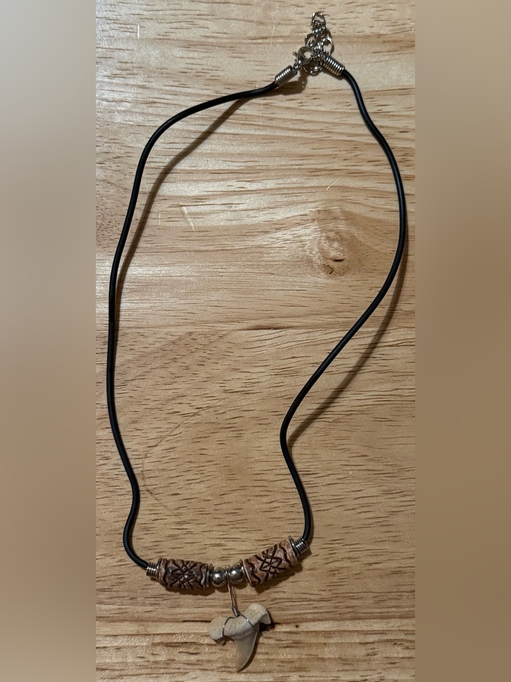Handmade Black Cord Necklace with Brown Beads and Shark Tooth Pendant